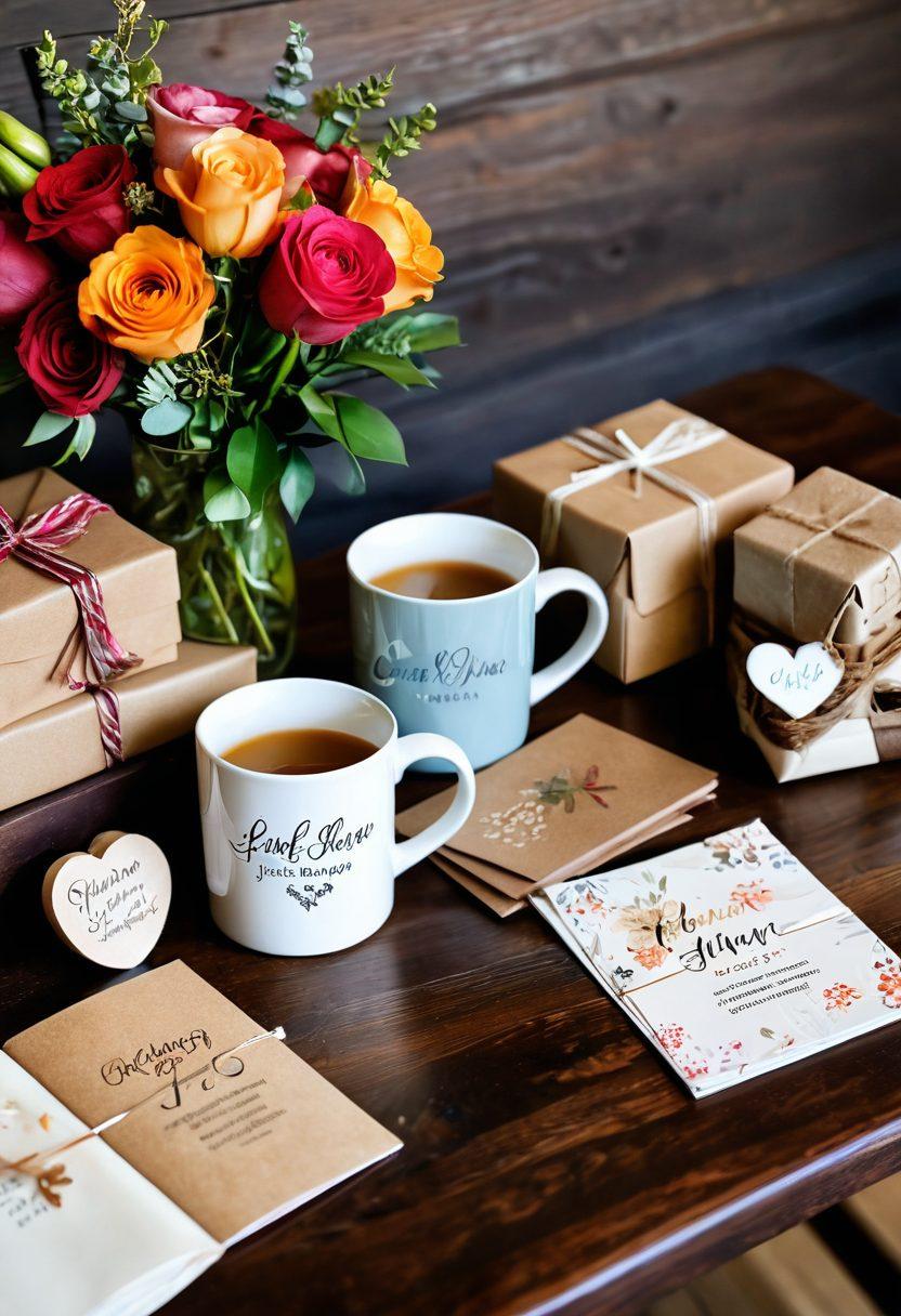 A beautifully arranged display of unique custom gifts, including personalized mugs, engraved jewelry, and heartfelt handwritten notes, all set on a rustic wooden table. Soft, warm lighting highlights the emotional aspect of gifting, with a background of colorful wrapping paper and delicate floral arrangements. The scene evokes feelings of love and thoughtfulness, perfect for surprising a loved one. super-realistic. warm tones. soft focus.