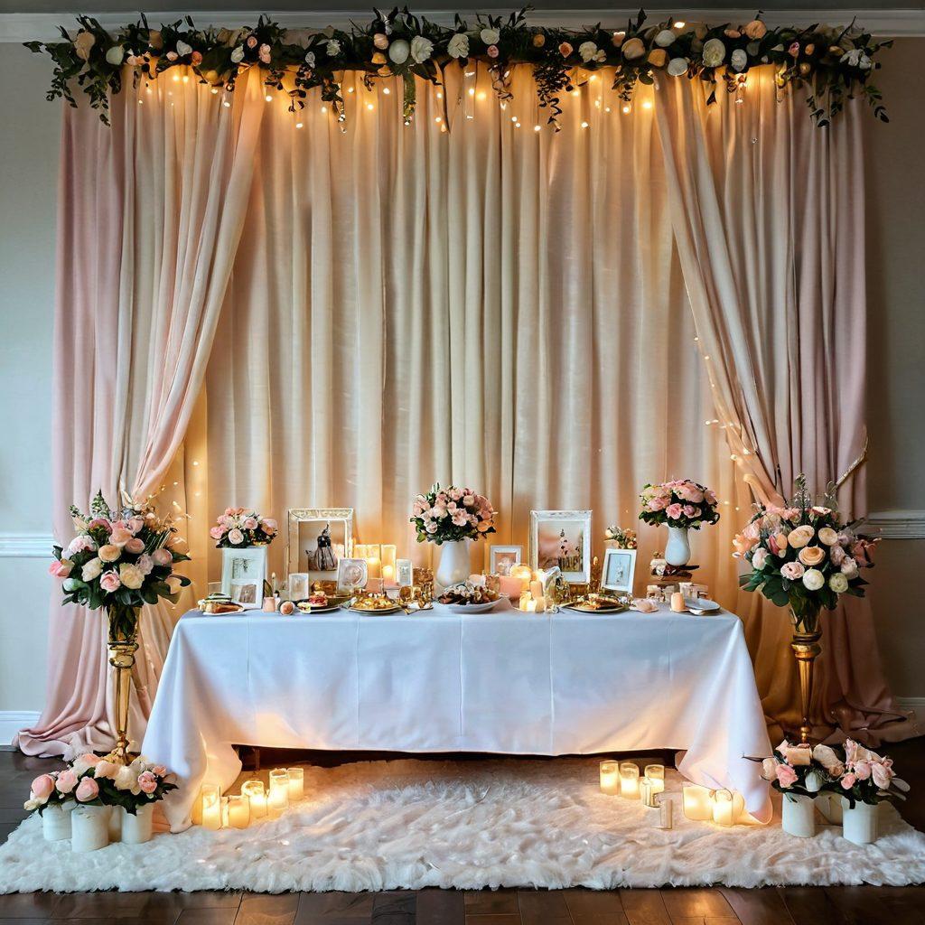 A beautifully arranged table adorned with an array of thoughtful gifts, such as handcrafted jewelry, personalized photo frames, and handmade chocolates, all set against a soft, romantic backdrop of flowing curtains and twinkling fairy lights. Flowers in soft pastel shades are scattered around, enhancing the warmth and love in the scene. The atmosphere radiates happiness and connection between loved ones. super-realistic. warm tones. soft focus.